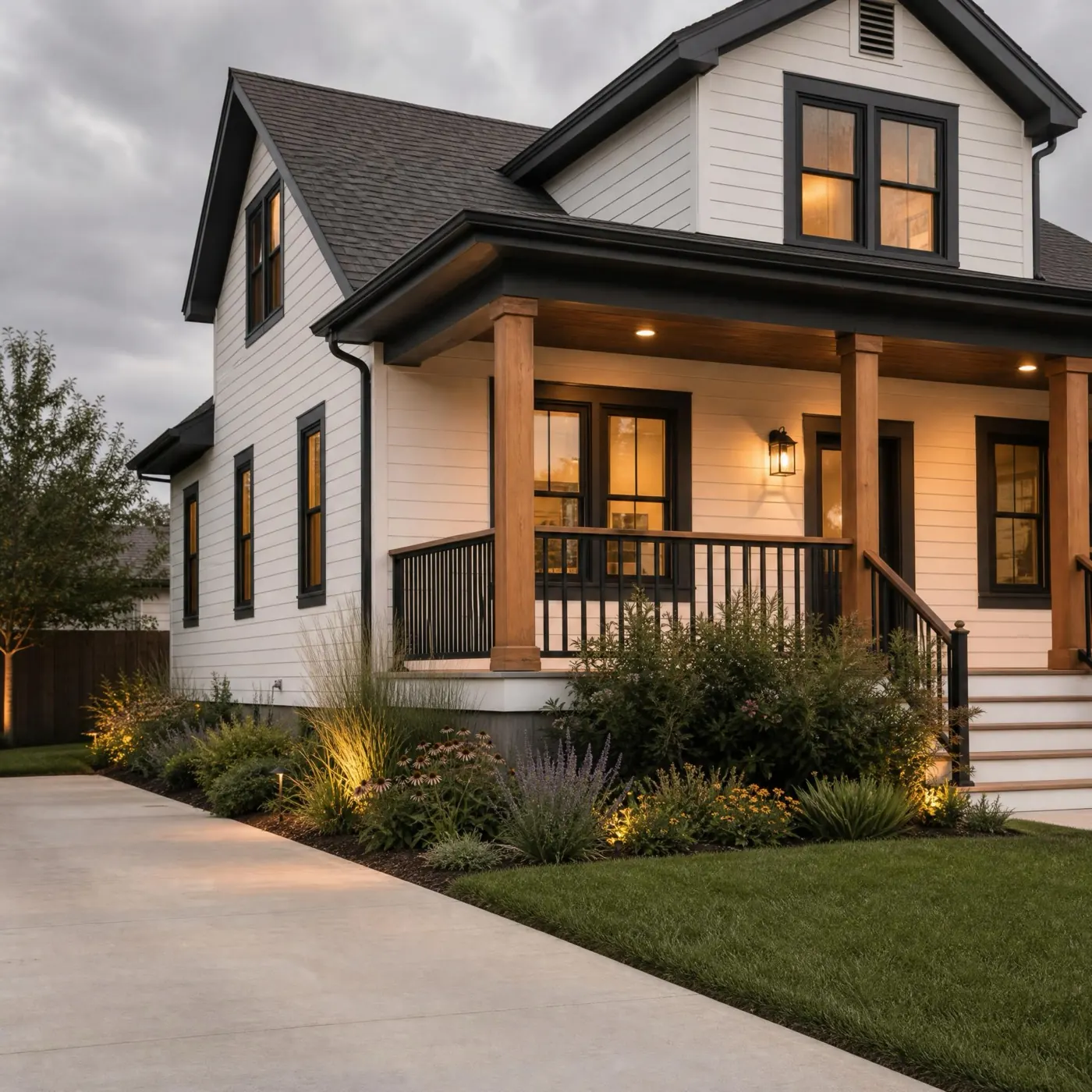A renovated white house at dusk with a lit porch and fresh landscaping