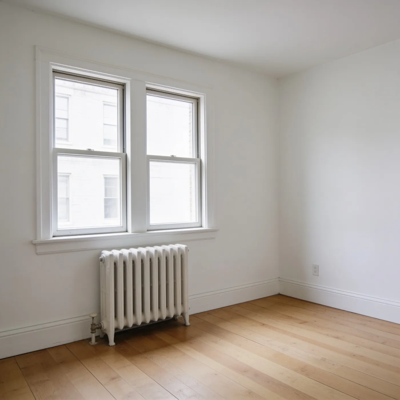 An empty room with a radiator and bare wooden floor