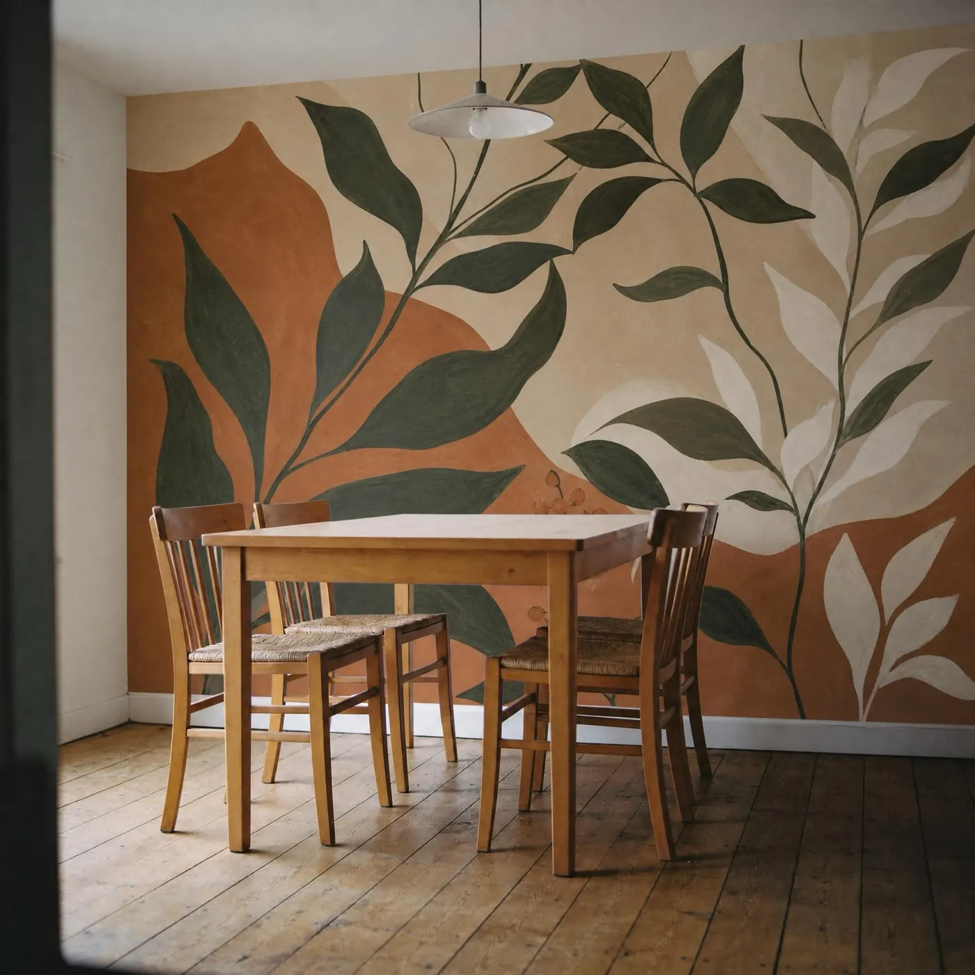 A dining room with a large botanical mural on the wall